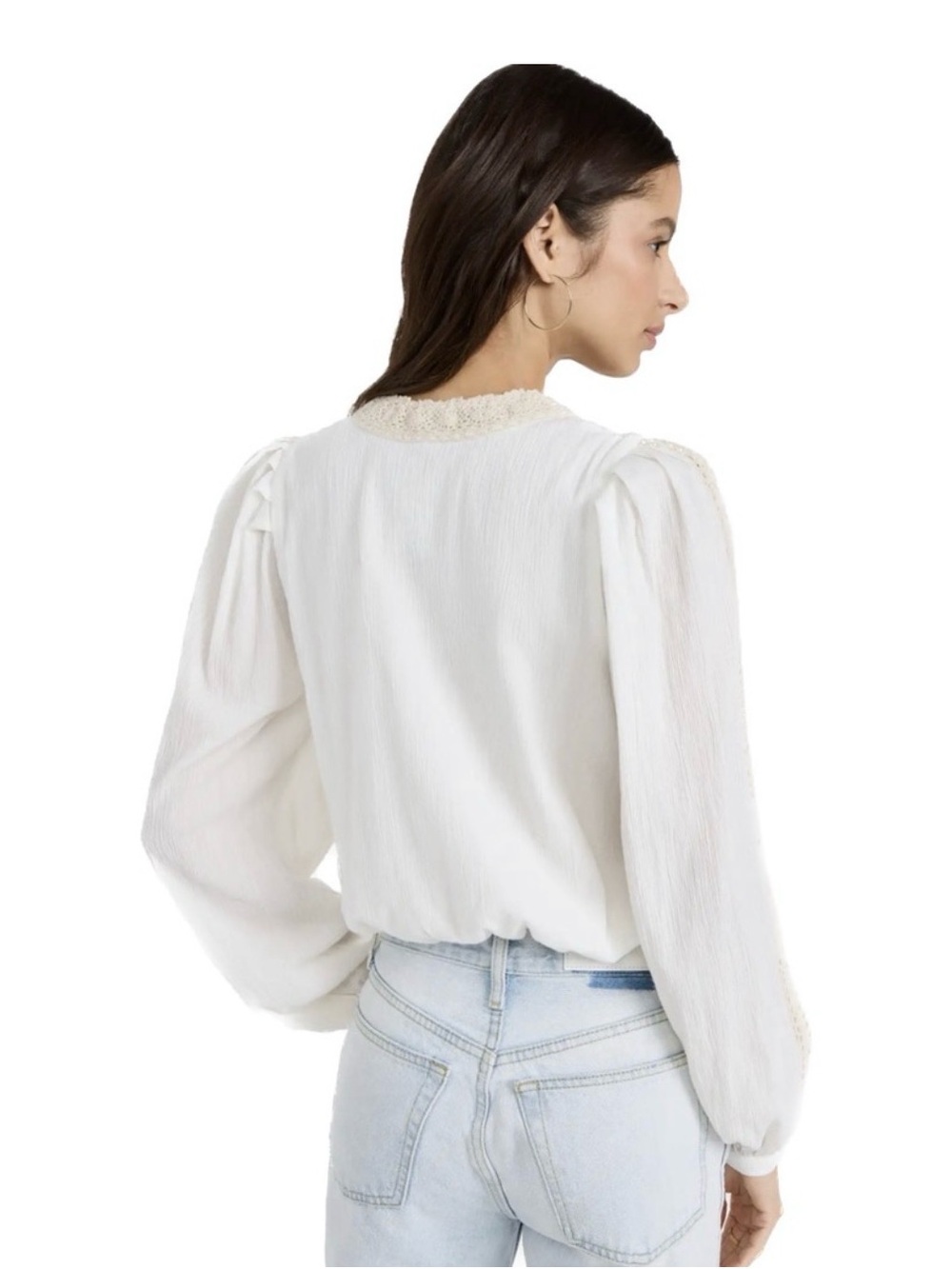 Le superbe white with Cream Lace-Trim V-Neck Blouse size 6 crystal buttons - Picture 2 of 11